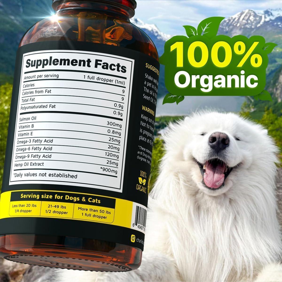 Huile de Chanvre et Saumon pour la Peau et le Pelage des Chiens, Santé Omega 3 6 9, Friandise Calmante 1 fl oz