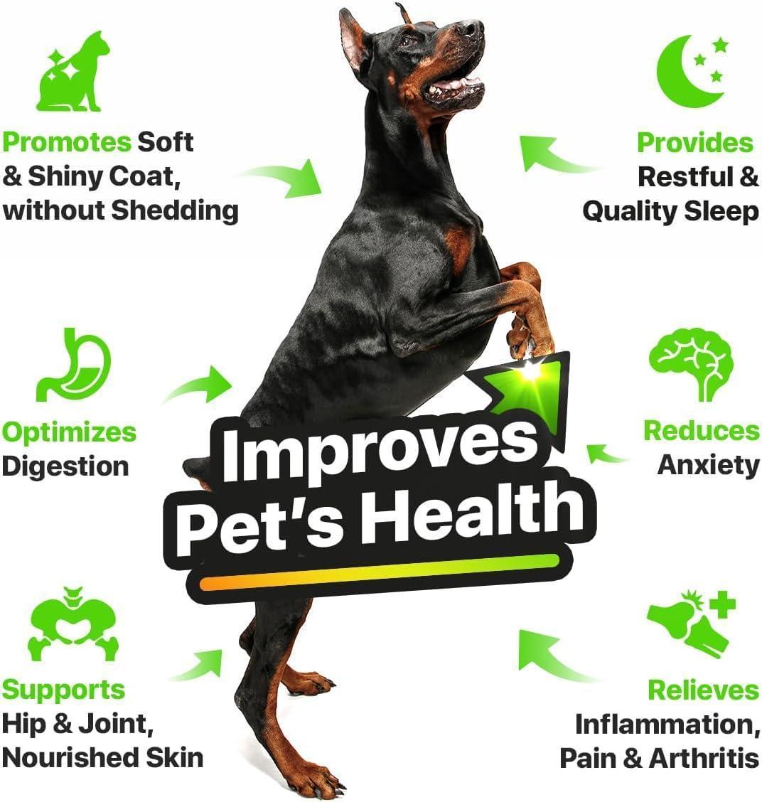 Huile de Chanvre et Saumon pour la Peau et le Pelage des Chiens, Santé Omega 3 6 9, Friandise Calmante 1 fl oz